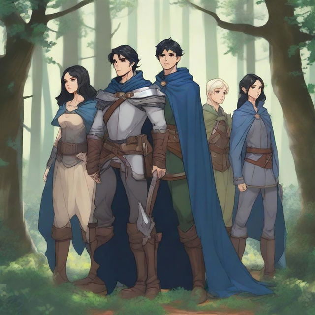 In a dense, enchanted forest, a group of four characters stands ready for an adventure