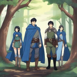 In a dense, enchanted forest, a group of four characters stands ready for an adventure