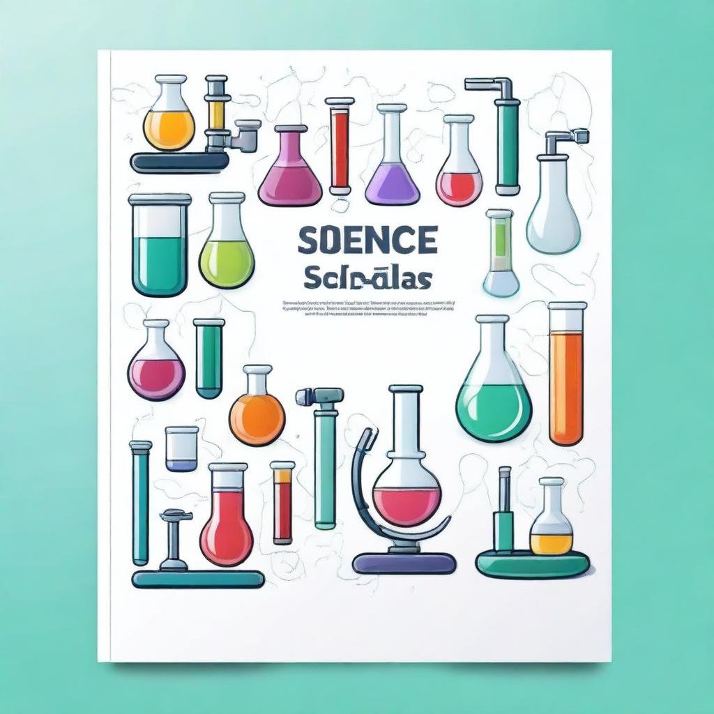 Create a cover for a science subject featuring various scientific tools such as microscopes, test tubes, beakers, and flasks