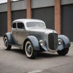 A car inspired by the dieselpunk genre with streamlined metal design, riveted steel paneling, large diesel engine, and an overall industrial aesthetic