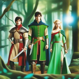 Four characters in an enchanted forest: an elf with black hair in full armor in the back, a young man in full armor with a blue cloak and a sapphire-pommeled sword, a young woman with a bun and a bow with emeralds in forest green clothing, and an older bearded man with two knives in full armor and a red cloak