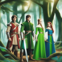 Four characters in an enchanted forest: an elf with black hair in full armor in the back, a young man in full armor with a blue cloak and a sapphire-pommeled sword, a young woman with a bun and a bow with emeralds in forest green clothing, and an older bearded man with two knives in full armor and a red cloak