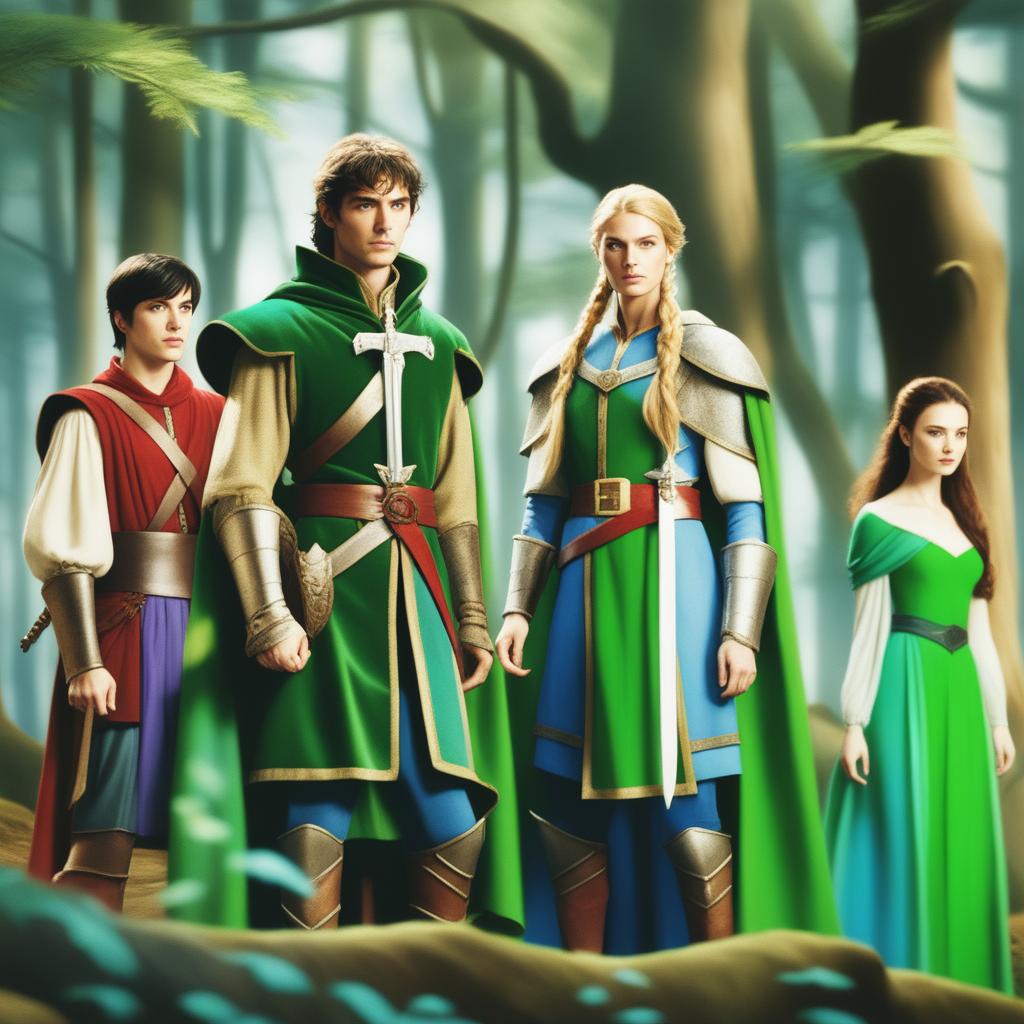 Four characters in an enchanted forest: an elf with black hair in full armor in the back, a young man in full armor with a blue cloak and a sapphire-pommeled sword, a young woman with a bun and a bow with emeralds in forest green clothing, and an older bearded man with two knives in full armor and a red cloak