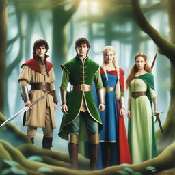 Four characters in an enchanted forest: an elf with black hair in full armor in the back, a young man in full armor with a blue cloak and a sapphire-pommeled sword, a young woman with a bun and a bow with emeralds in forest green clothing, and an older bearded man with two knives in full armor and a red cloak