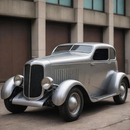 A car inspired by the dieselpunk genre with streamlined metal design, riveted steel paneling, large diesel engine, and an overall industrial aesthetic