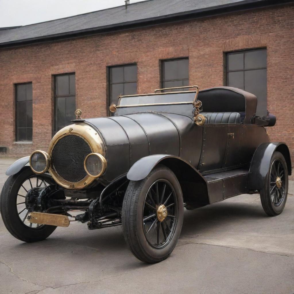 A 19th-century steam-powered car reimagined in dieselpunk style, featuring streamlined industrial metal design, riveted steel paneling, and prominent diesel engine