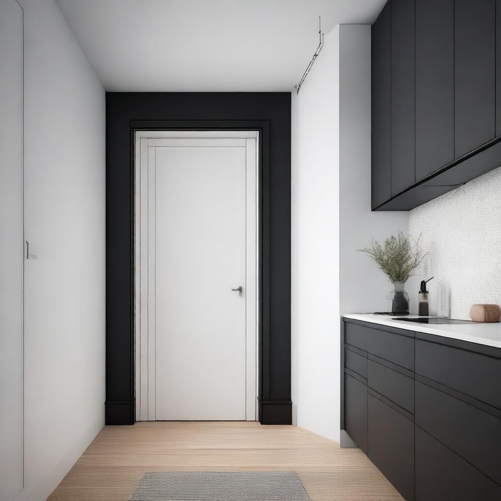 A detailed interior design image of a room featuring white doors and black cabinets