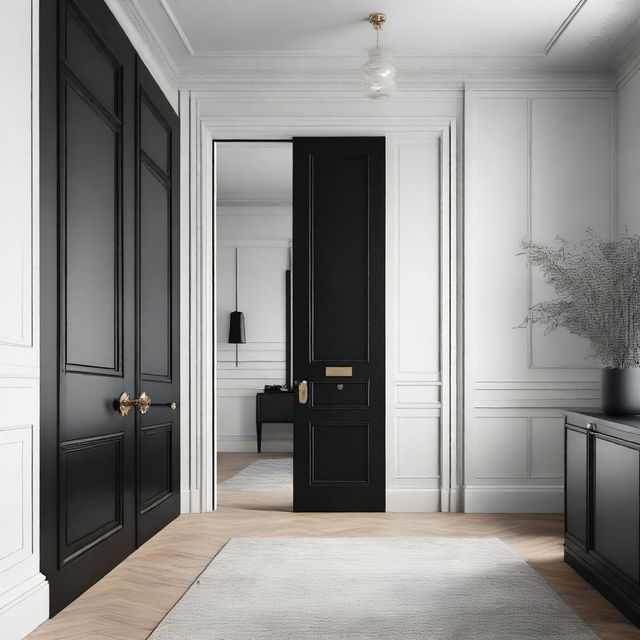 A detailed interior design image of a room featuring white doors and black cabinets