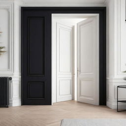 A detailed interior design image of a room featuring white doors and black cabinets