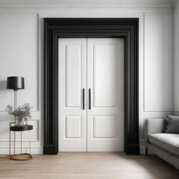 A detailed interior design image of a room featuring white doors and black cabinets