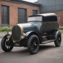 A 19th-century steam-powered car reimagined in dieselpunk style, featuring streamlined industrial metal design, riveted steel paneling, and prominent diesel engine