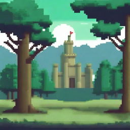 Create an image of a sparse forest with few trees and a castle in the background