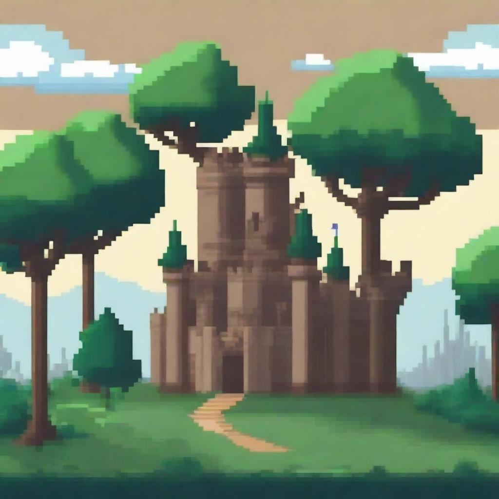 Create an image of a sparse forest with few trees and a castle in the background