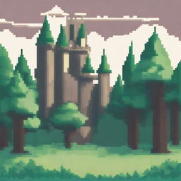 Create an image of a sparse forest with few trees and a castle in the background