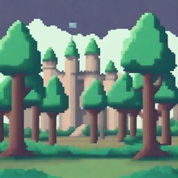 Create an image of a sparse forest with few trees and a castle in the background