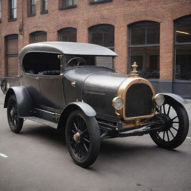 A 19th-century steam-powered car reimagined in dieselpunk style, featuring streamlined industrial metal design, riveted steel paneling, and prominent diesel engine