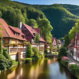 A picturesque small German town nestled within a lush forest