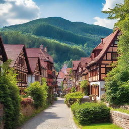 A picturesque small German town nestled within a lush forest