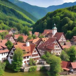 A picturesque small German town nestled within a lush forest