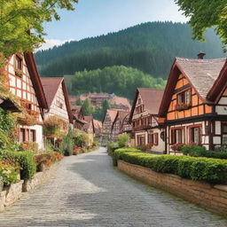 A picturesque small German town nestled within a lush forest