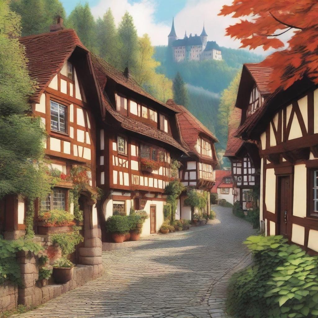 A captivating book cover featuring a small German town nestled within a lush forest