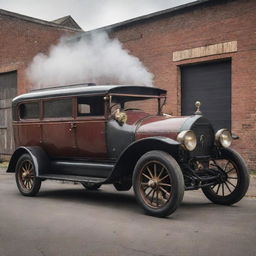 A 19th-century steam-powered car reimagined in dieselpunk style, featuring streamlined industrial metal design, riveted steel paneling, and prominent diesel engine