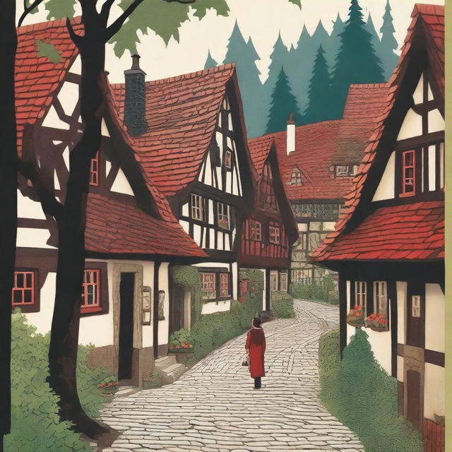 A captivating book cover featuring a small German town nestled within a forest clearing