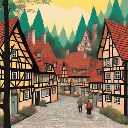 A captivating book cover featuring a small German town nestled within a forest clearing