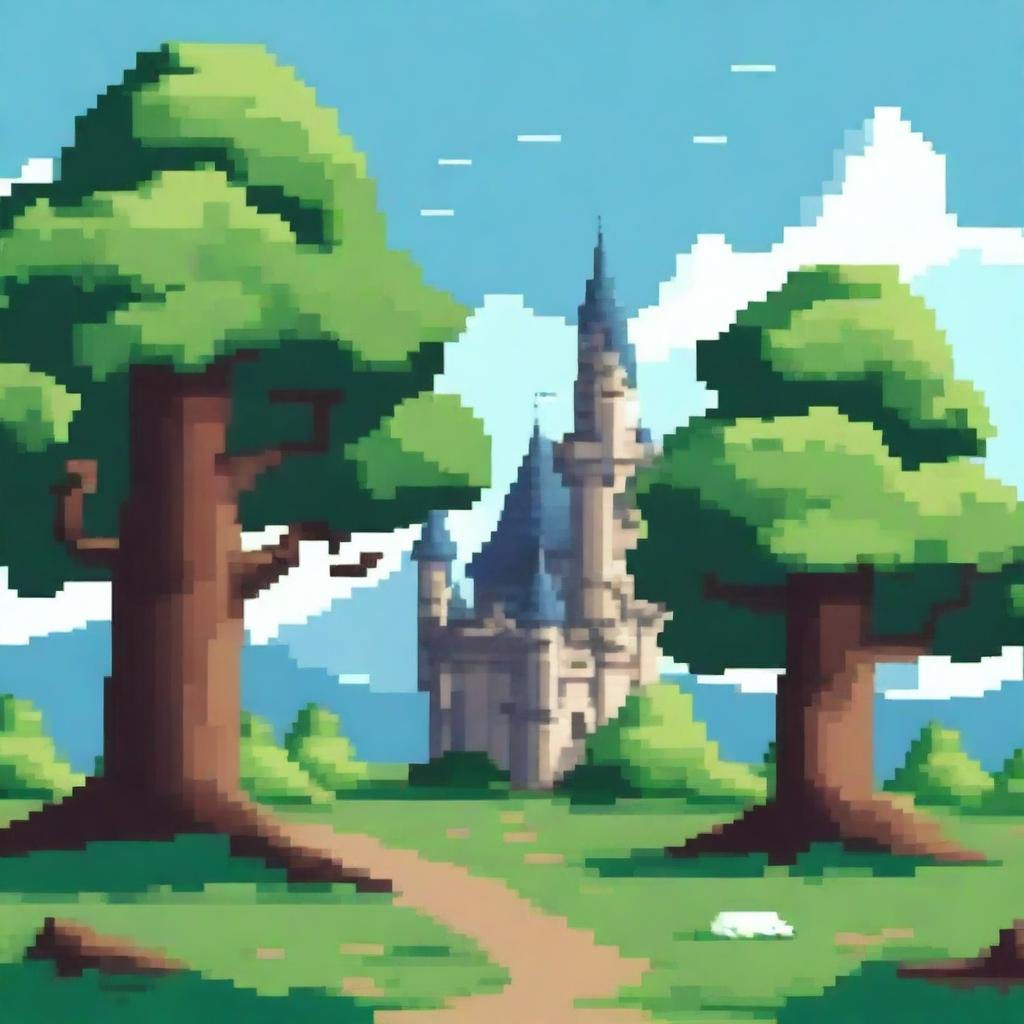 Create another image of a sparse forest with few trees and a castle in the background