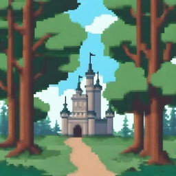 Create another image of a sparse forest with few trees and a castle in the background