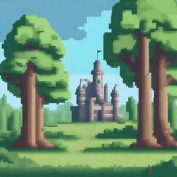 Create another image of a sparse forest with few trees and a castle in the background