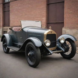 A 1900s classic automobile infused with dieselpunk aesthetic, featuring a streamlined metal design, rugged steel plating with rivets, and an imposing diesel engine