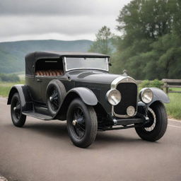 A 1900s classic automobile infused with dieselpunk aesthetic, featuring a streamlined metal design, rugged steel plating with rivets, and an imposing diesel engine