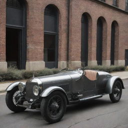 A 1900s classic automobile infused with dieselpunk aesthetic, featuring a streamlined metal design, rugged steel plating with rivets, and an imposing diesel engine