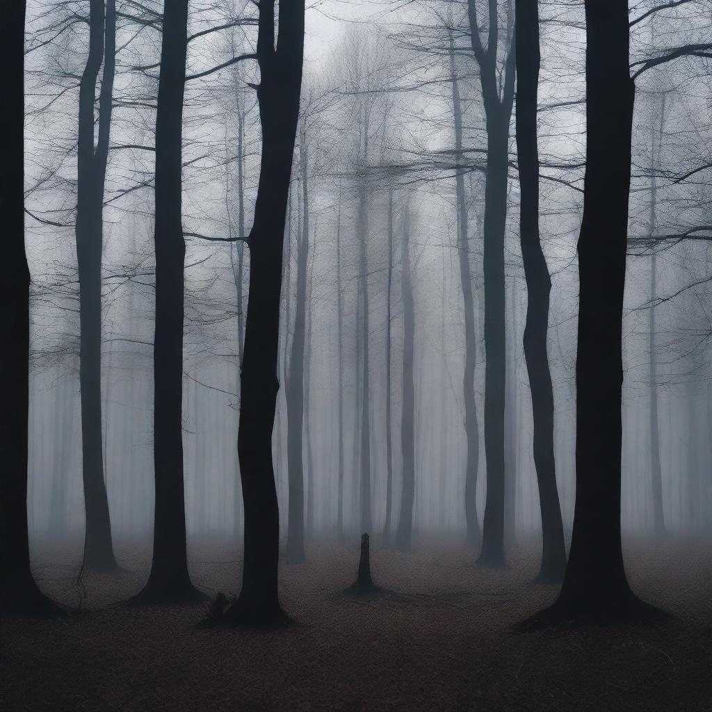 A dark and dense forest scene with tall, shadowy trees and minimal light filtering through