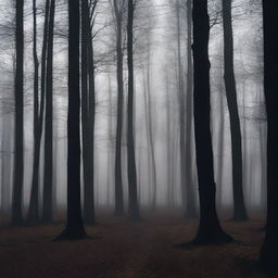 A dark and dense forest scene with tall, shadowy trees and minimal light filtering through