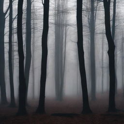 A dark and dense forest scene with tall, shadowy trees and minimal light filtering through