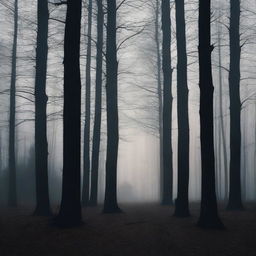 A dark and dense forest scene with tall, shadowy trees and minimal light filtering through