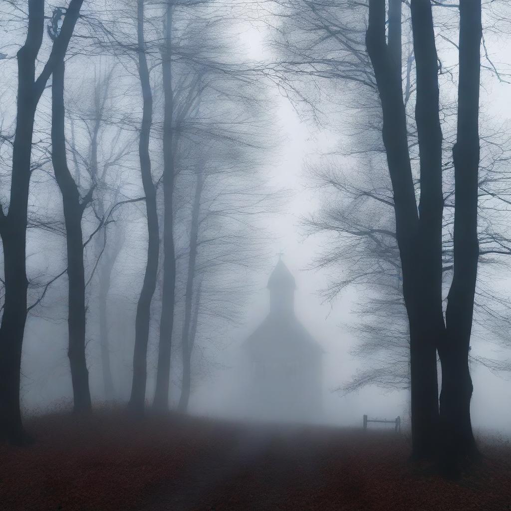 A dark and dense forest scene with thick fog rolling through the trees, creating an eerie and mysterious atmosphere