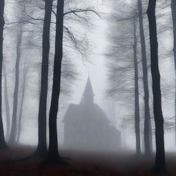 A dark and dense forest scene with thick fog rolling through the trees, creating an eerie and mysterious atmosphere