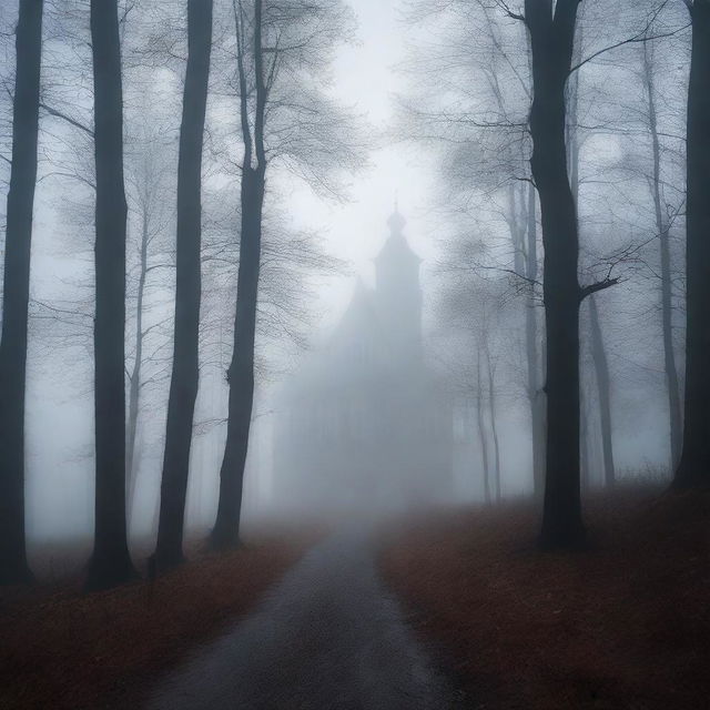 A dark and dense forest scene with thick fog rolling through the trees, creating an eerie and mysterious atmosphere