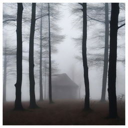 A dark and dense forest scene with thick fog rolling through the trees, creating an eerie and mysterious atmosphere