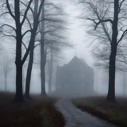 A dark and dense forest scene with thick fog rolling through the trees, creating an eerie and mysterious atmosphere