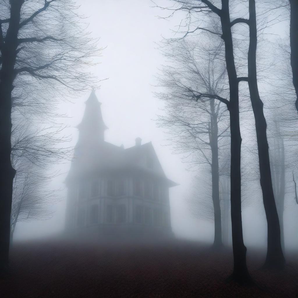 A dark, dense forest scene enveloped in thick fog, creating a mysterious and eerie atmosphere