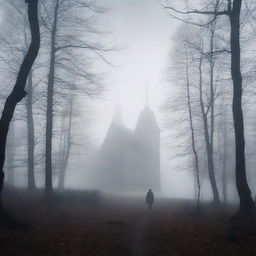 A dark, dense forest scene enveloped in thick fog, creating a mysterious and eerie atmosphere