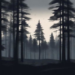 A dark and dense forest scene with tall, shadowy trees and minimal light filtering through