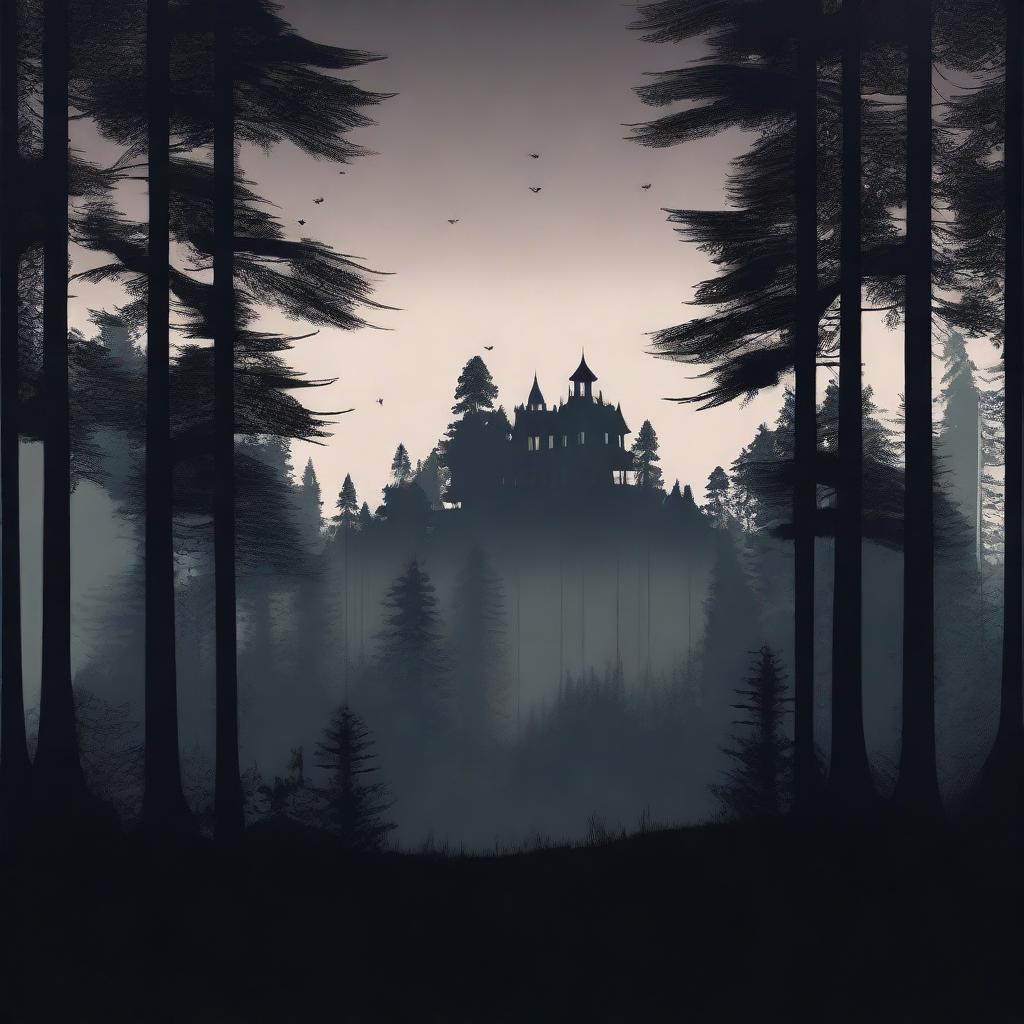 A dark and dense forest scene with tall, shadowy trees and minimal light filtering through