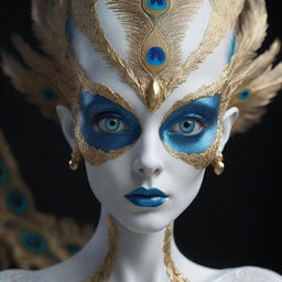 Create an image of a beautiful alien with piercing blue eyes, dragon-like white porcelain skin, and hair like peacock feathers. The alien has an elongated head with visible golden veins and embedded sapphire stones, as well as gold and white fingers. Render in a high-resolution, cinematic retro style with ultimate details.