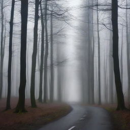 A dark and dense forest scene with tall, shadowy trees and minimal light filtering through