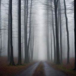 A dark and dense forest scene with tall, shadowy trees and minimal light filtering through